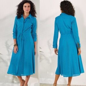 Soft Surroundings Marisol Eyelet Shirt Dress Teal Cotton Midi Resort Coastal S